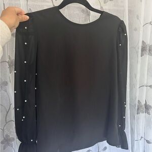 Black Pearl-Embellished Long Sleeve Women's Top